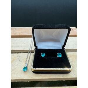 Round Blue & Green Tourmaline Sterling Silver Earrings andNecklace Set